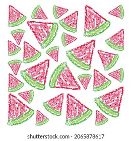 Children's drawing style watermelon pattern. Crayon style icon on a white background. Seamless texture with hand drawn elements.