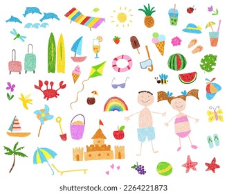 Dibujo infantil de iconos de verano. 