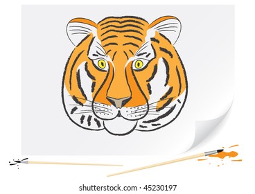 Children's drawing of a tiger a brush paints on a paper