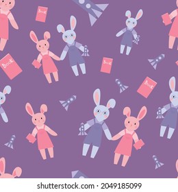 Children's drawing. Two bunnies a boy and a girl with glasses. Smart kids. In the paws of a toy rocket and a book. Seamless pattern, for printing on fabric, cards, paper