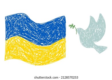 Children's drawing Ukrainian flag and dove of peace