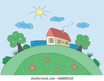 Children's drawing a vacation home. Vector illustration for your design