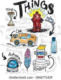 Children's drawing various object design.