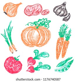 Children's drawing wax crayons. Bright beautiful vegetables. Tasty and healthy. Onions, potatoes, garlic, pumpkin, carrots, peas tomato radish