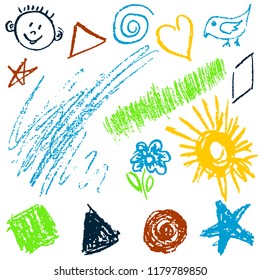 Children's drawing with wax crayons. Design elements of packaging, postcards, wraps, covers. Sweet children's creativity. Square, triangle, circle, star, flower, sun, grass, bird, spiral, star