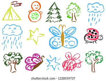 Children's drawing with wax crayons. Design elements of packaging, postcards, wraps, covers. Sweet children's creativity. Butterfly, bug, ladybug, tree, star, cloud, rain, fur-tree, tumbler, t