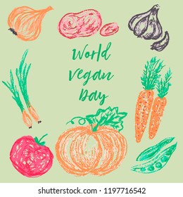 Children's drawing wax crayons. World Vegan Day. Tasty and healthy. Onions, potatoes, garlic, pumpkin, carrots, peas, tomato