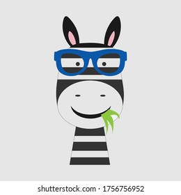 Children's drawing of a Zebra with glasses. Simple vector illustration for theme design, isolated on white background