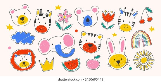 Dibujos infantiles de animales, flores y frutas. Colección de garabatos dibujados a mano. Ilustración vectorial plana.