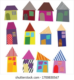 Children's drawings of cartoon houses from fairy tales