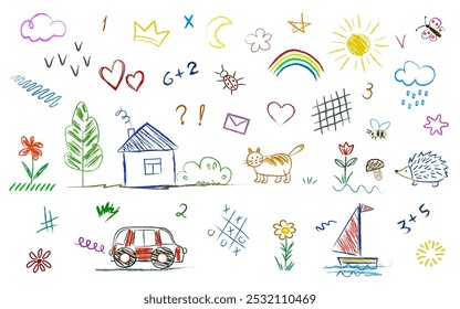 Children's drawings chalk on blackboard or asphalt.  Set in doodle style, objects drawn by child, house, cat, hedgehog, sun, clouds, rainbow, plants, car, sailboat, tic-tac-toe, numbers