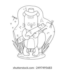 Childrens drawings coloring page. Charming cartoon beaver with a birch branch in the middle of a lake with reeds. Vector