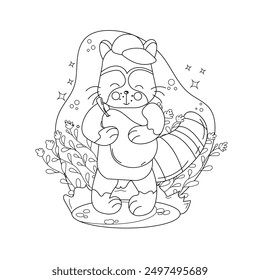 Childrens drawings coloring page. Cute Cartoon Raccoon Holding a Pear Surrounded by Flowers in a Playful Setting. Vector