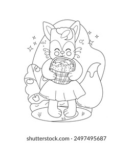 Childrens drawings coloring page. A fox character with oversized ears and a joyful expression stands in a vibrant garden