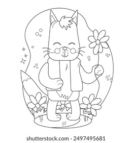 Childrens drawings coloring page. Happy wolf holding a flower surrounded by colorful flowers in a joyful outdoor setting