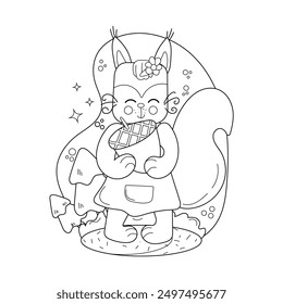 Childrens drawings coloring page. A squirrel holds an acorn in his hands against the background of a forest. Vector