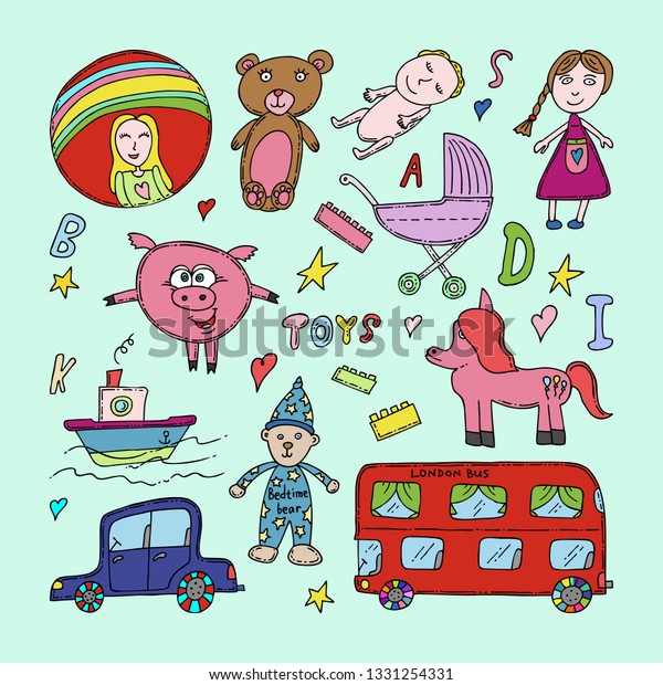 Childrens drawings cute toys\
for game sketch with color doodles kid\'s hand drawn painting art\
cartoon bear, car, bus, baby, boat, ball, pram, pony, doll and pig\
objects.