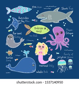 Childrens drawings cute undersea world sketch with color doodles kid's hand drawn painting art cartoon friendly mermaid, whale, jellyfish, turtle, fur seal, octopus, batoidea and shark.