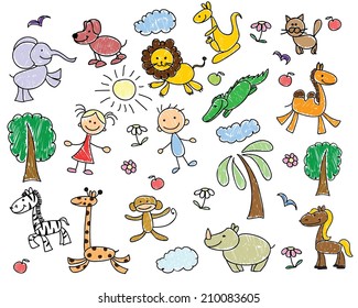 Children's drawings of doodle animals 