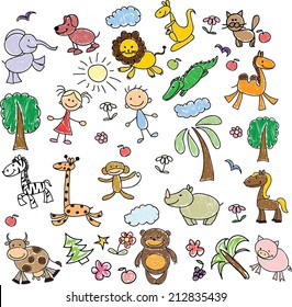 Children's drawings of doodle animals 