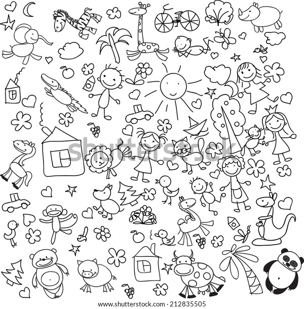 Childrens Drawings Doodle Animals Stock Vector (Royalty Free) 212835505