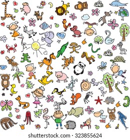 Children's drawings of doodle animals and kids