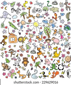 Children's  drawings of doodle animals, people, flowers