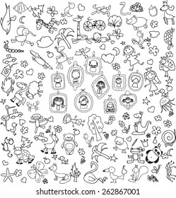 Children's drawings of doodle animals, people, flowers