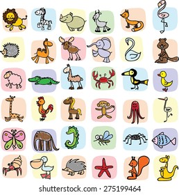Children's drawings of doodle animals, people, flowers 