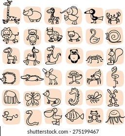 Children's drawings of doodle animals, people, flowers 