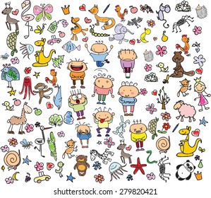 Children's drawings of doodle animals, people, flowers