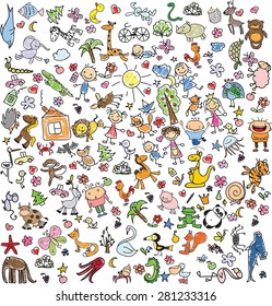 Children's drawings of doodle animals, people, flowers 