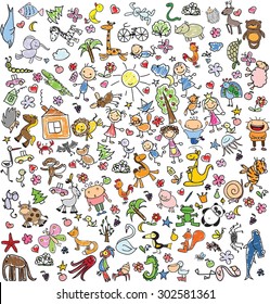 Children's drawings of doodle animals, people, flowers 