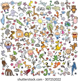 Children's drawings of doodle animals, people, flowers 