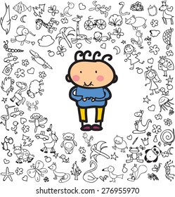 Children's drawings of doodle different emotions of people