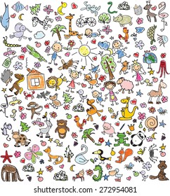 Children's drawings of doodle family, animals, people, flowers 