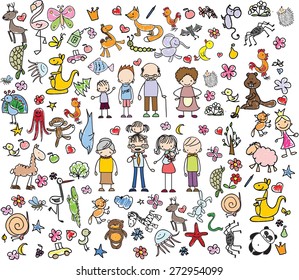 Children's drawings of doodle family, animals, people, flowers 