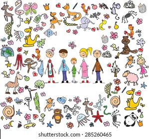 Children's drawings of doodle family, animals, people, flowers 