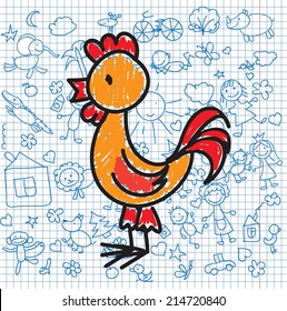 Children's drawings of doodle rooster ,