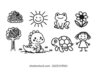 Children's drawings, doodle style. tree, sun, animals. Coloring pages for children. Vector illustrations
