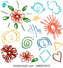 Children's drawings. Elements for the design of postcards, backgrounds, packaging. Prints for clothes. Drawing of wax crayons on a white background. Face, flower, sun, clouds