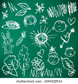 Children's drawings. Elements for the design of postcards, backgrounds, packaging. Printing for clothing. Drawing chalk on a green board. Flowers, children, trees, snowflakes