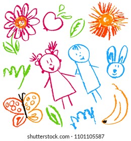 Children's drawings. Elements for the design of postcards, backgrounds, packaging. Prints for clothes. Drawing of wax crayons on a white background. Children, rabbit, flower, butterfly, banana