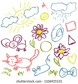 Children's drawings. Elements for the design of postcards, backgrounds, packaging. Prints for clothes. Drawing of wax crayons on a white background. Cat, mouse, sun, rain, flowers