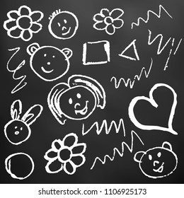 Children's drawings. Elements for the design of postcards, backgrounds, packaging. Printing for clothing. Drawing chalk on a black board. Faces, flowers, heart