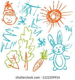 Children's drawings. Elements for the design of postcards, backgrounds, packaging. Prints for clothes. Drawing of wax crayons on a white background. Sun, hare, trees