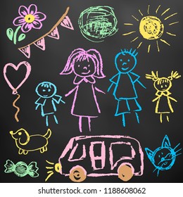 Children's drawings. Elements for the design of postcards, backgrounds, packaging. Color chalk on a blackboard. Family, sun, ball, dog, car, cat