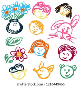 Children's drawings. Elements for the design of postcards, backgrounds, packaging. Printing for clothing. Persons, children, hare, bear fox flowers