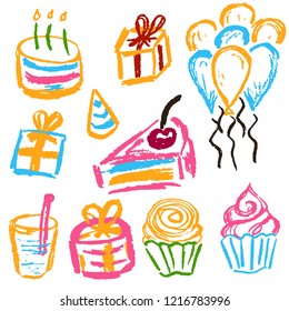 Children's drawings. Elements for the design of postcards, backgrounds, packaging. Printing for clothing. Birthday,  sweets, balls gifts