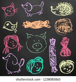 Children's drawings. Elements for the design of postcards, backgrounds, packaging. Color chalk on a blackboard. Persons, children, pig, hedgehog, hare, sweets
